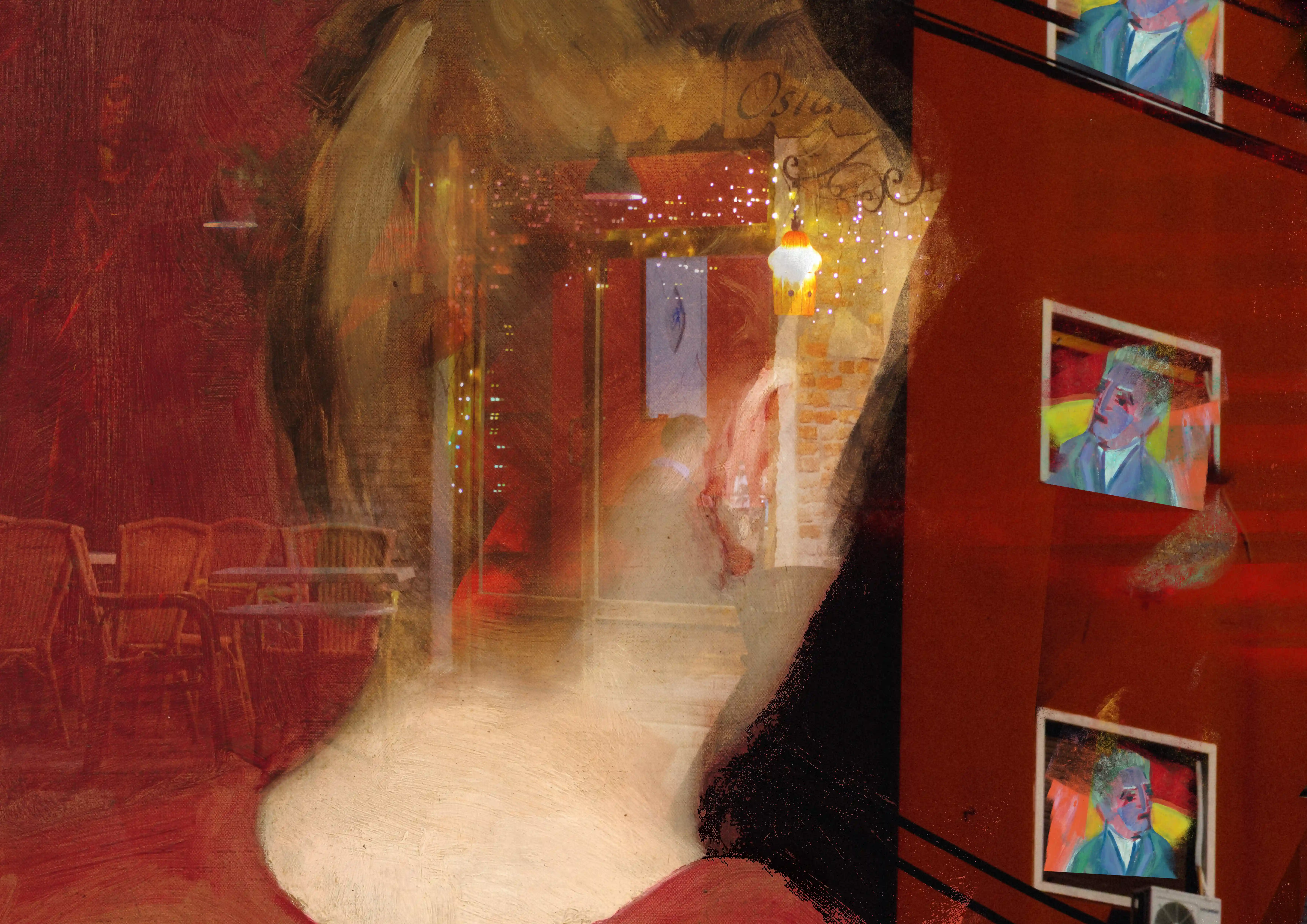 Dense red digital collage combining a translucent red female figure, a photograph of a red building with figures looking through its windows, and a photograph of Ostaria Boccadoro restaurant in Venice.